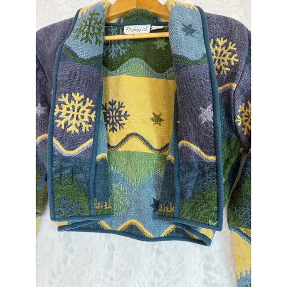 VTG Flashback Art to Wear Tapestry Jacket Purple Blue Snowflake Winter Stars Med - Picture 4 of 13